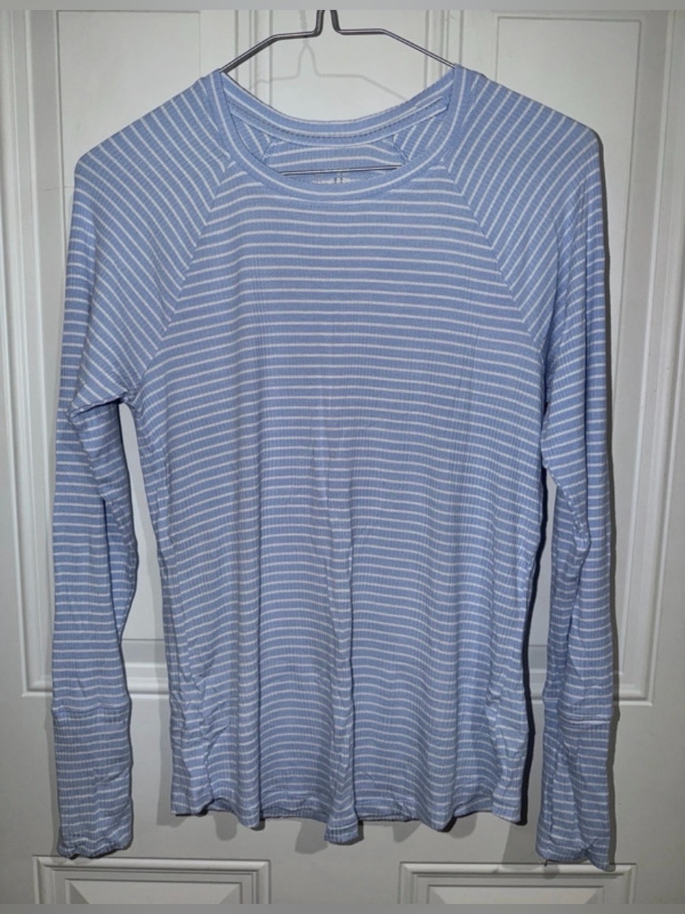 aerie Pale Blue and White Striped Long Sleeve Crew Tee